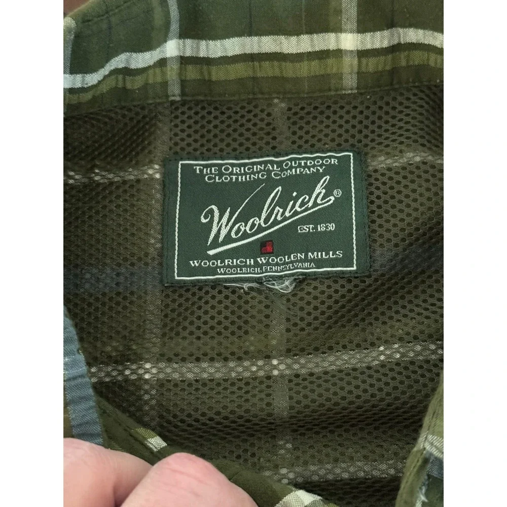 Woolrich Green Plaid‎ Men Short Sleeve Button Shirt Size XL Fishing Pocket